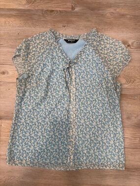 Allegra K Light Blue Floral Tie-Neck Top